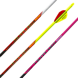 Bright carbon archery arrows with colorful fletching for target and hunting use.