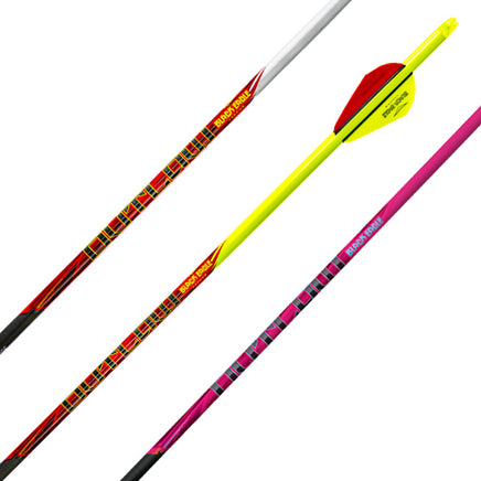 Bright carbon archery arrows with colorful fletching for target and hunting use.